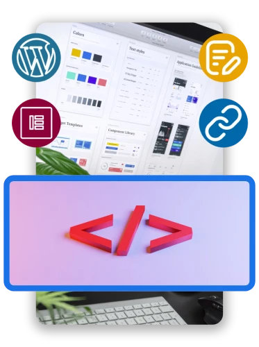 A computer screen displays various design and coding tools. In the foreground, red HTML tags are positioned on a blue highlighted area above a keyboard and plant. Around the screen are icons for WordPress, Elementor, and other tools.