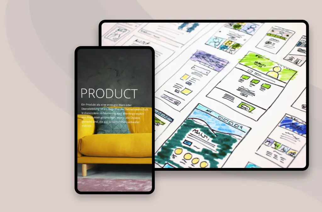 A smartphone displaying the word "PRODUCT" next to an image of hand-drawn website designs on paper.