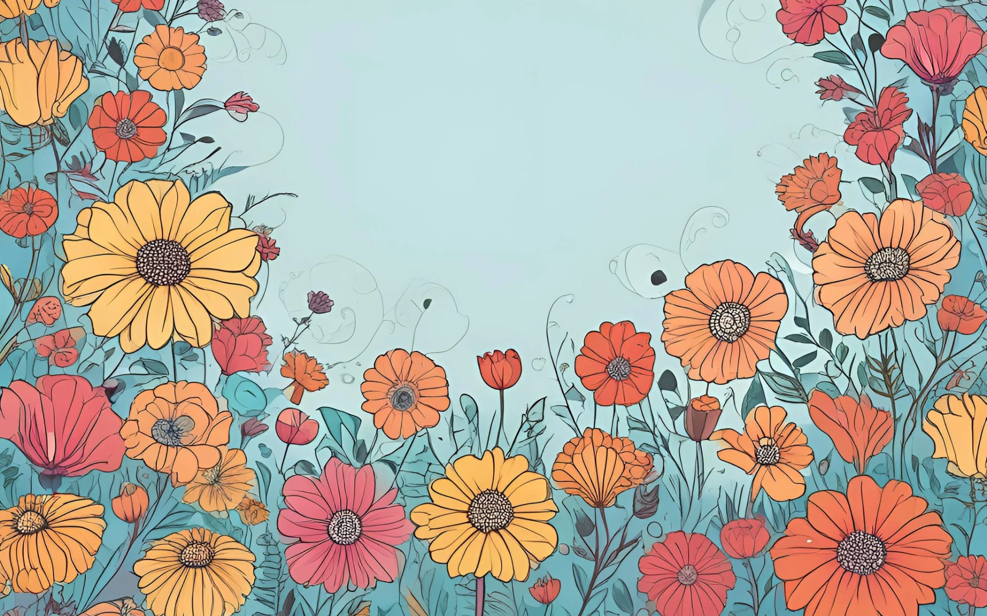 A colorful illustration for any portfolio, showcasing a variety of flowers, including large yellow and orange blooms against a light blue background. Some flowers feature detailed swirls and vines intertwined.