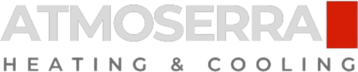 Logo reads "ATMOSERRA" with "HEATING & COOLING" underneath. The logo features a red square on the right side, representing premium quality services at competitive pricing.