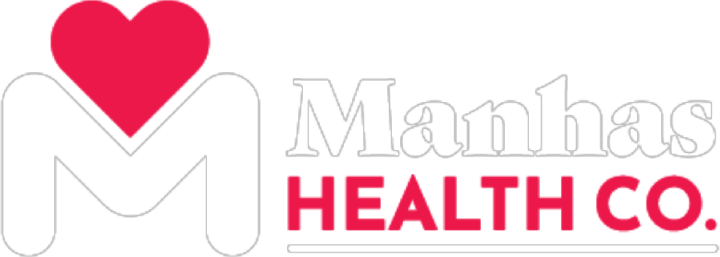 Logo of Manhas Health Co. featuring a stylized white 'M' with a red heart above it, the company name in white and red text to the right, reflecting our commitment to transparent pricing.