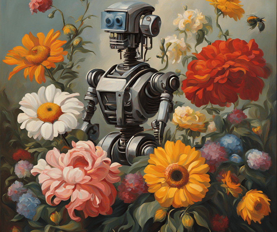 A metallic robot stands surrounded by large, colorful flowers including daisies and marigolds, with greenery in the background, creating a picturesque scene ideal for any photography portfolio.