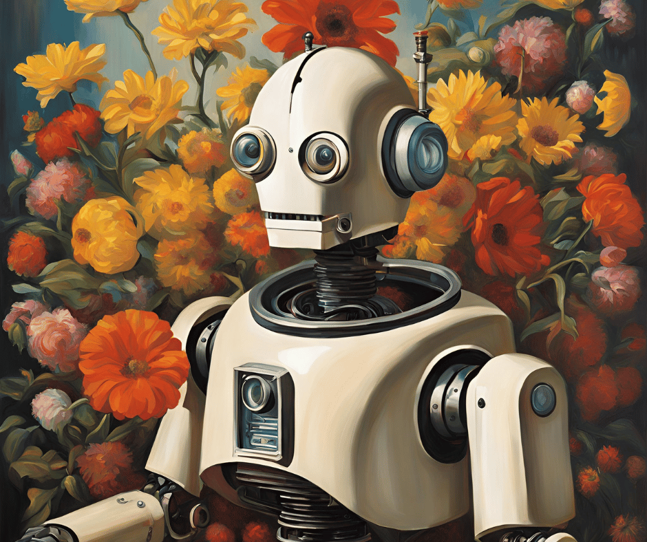 A robot with large round eyes stands in front of a background filled with various colorful flowers, showcasing its charm. With an antenna on its head and a boxy, retro design, this scene would make a stunning addition to any portfolio.