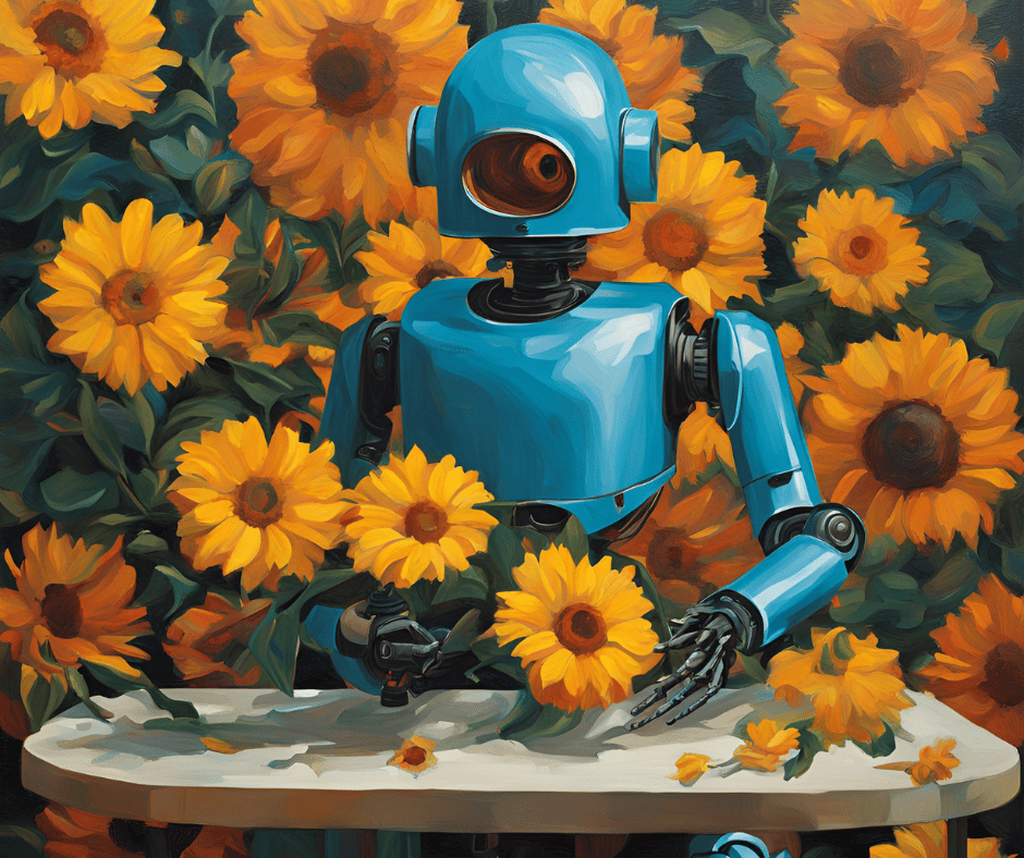 A blue robot, featured in the portfolio, arranges a bouquet of sunflowers, surrounded by more sunflowers in the background.