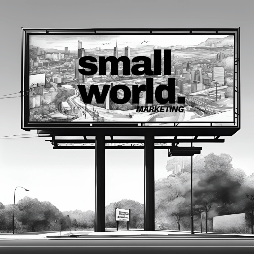A billboard displays "Small World Marketing Services" with an illustrated cityscape background. The scene includes distant skyscrapers and trees in the foreground under a clear sky.