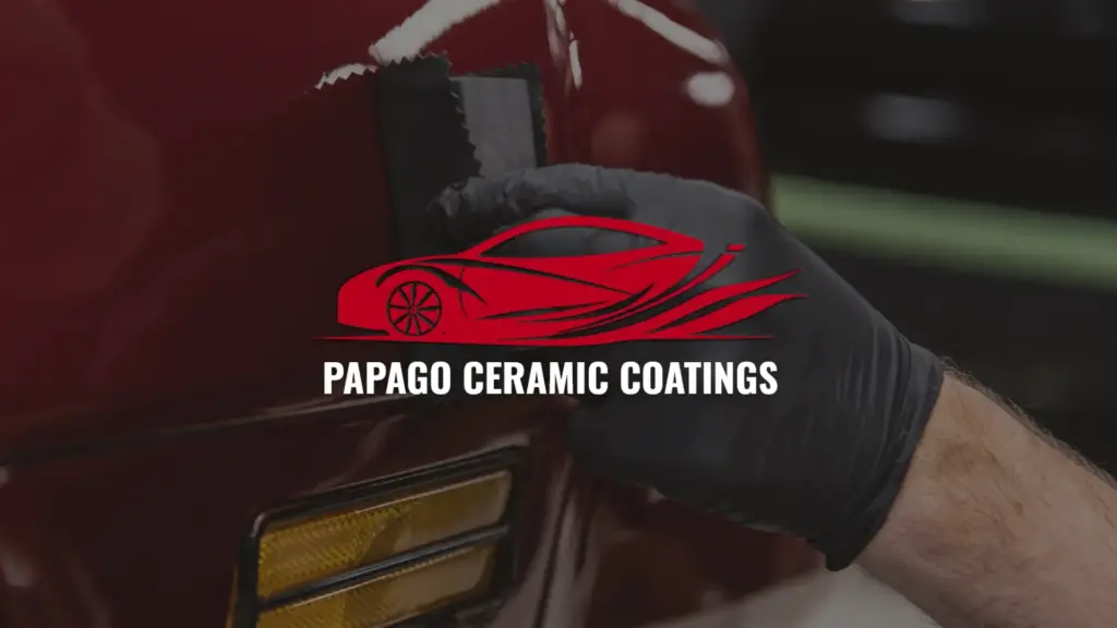 A gloved hand applies ceramic coating to a shiny red car surface. Overlaid is a red car outline graphic and the text Papago Ceramic Coatings.