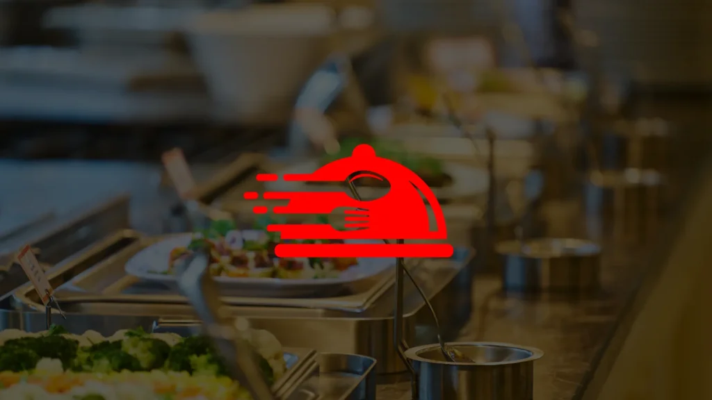 A blurred image of a buffet line with trays of food and serving utensils, overlaid by a red graphic of a cloche with motion lines and a fork, symbolizing fast food service.