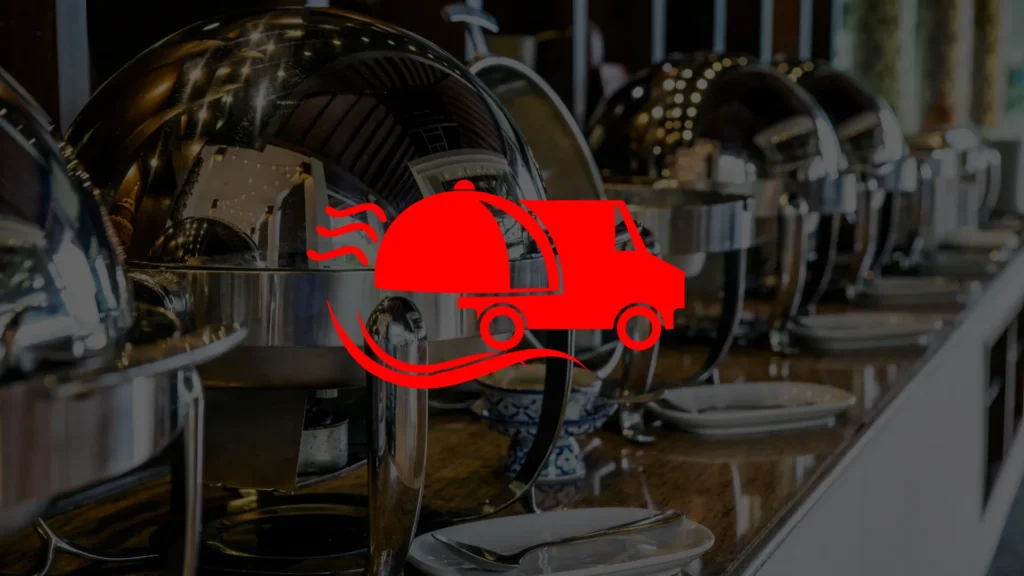 A row of shiny buffet serving dishes and plates on a counter, with a red graphic of a food truck and a serving tray superimposed in the center of the image.