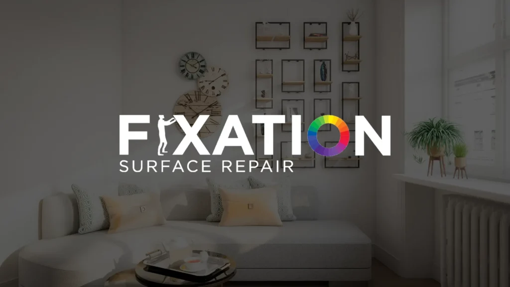 A modern living room with light-colored furniture, wall art, plants, and large windows, overlaid with the text “FIXATION SURFACE REPAIR”; the “O” in “FIXATION” is a rainbow color wheel.