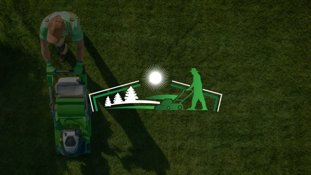 A person mowing a green lawn with a lawnmower, viewed from above, with a graphic overlay of a person mowing grass, trees, and a sun on the grass.