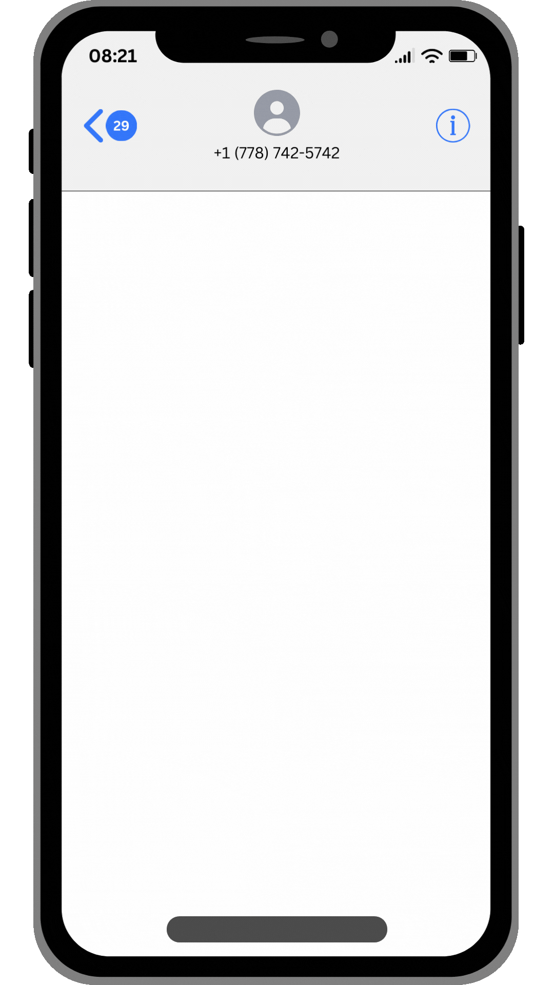A smartphone screen displaying a contact profile with the phone number +1 (778) 742-5742, 29 notifications, and an update from SEO.