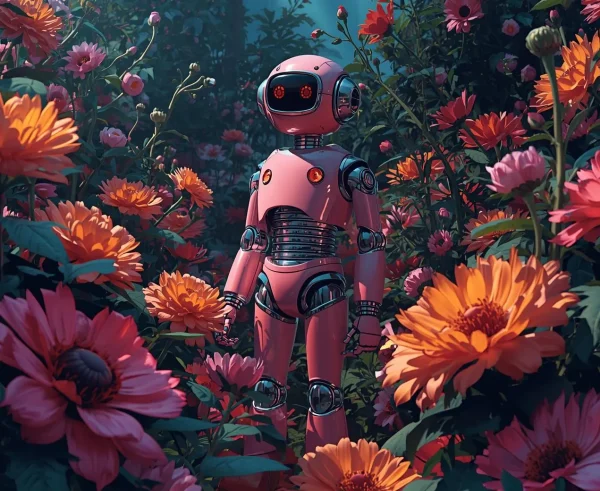 A retro-style pink half-body robot standing in a vibrant garden of large, colorful flowers, painted in a classical animated style